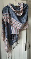 Pashmina shawl. 50% silk 50% viscose. Grey paisley/multi coloured stripe edging 