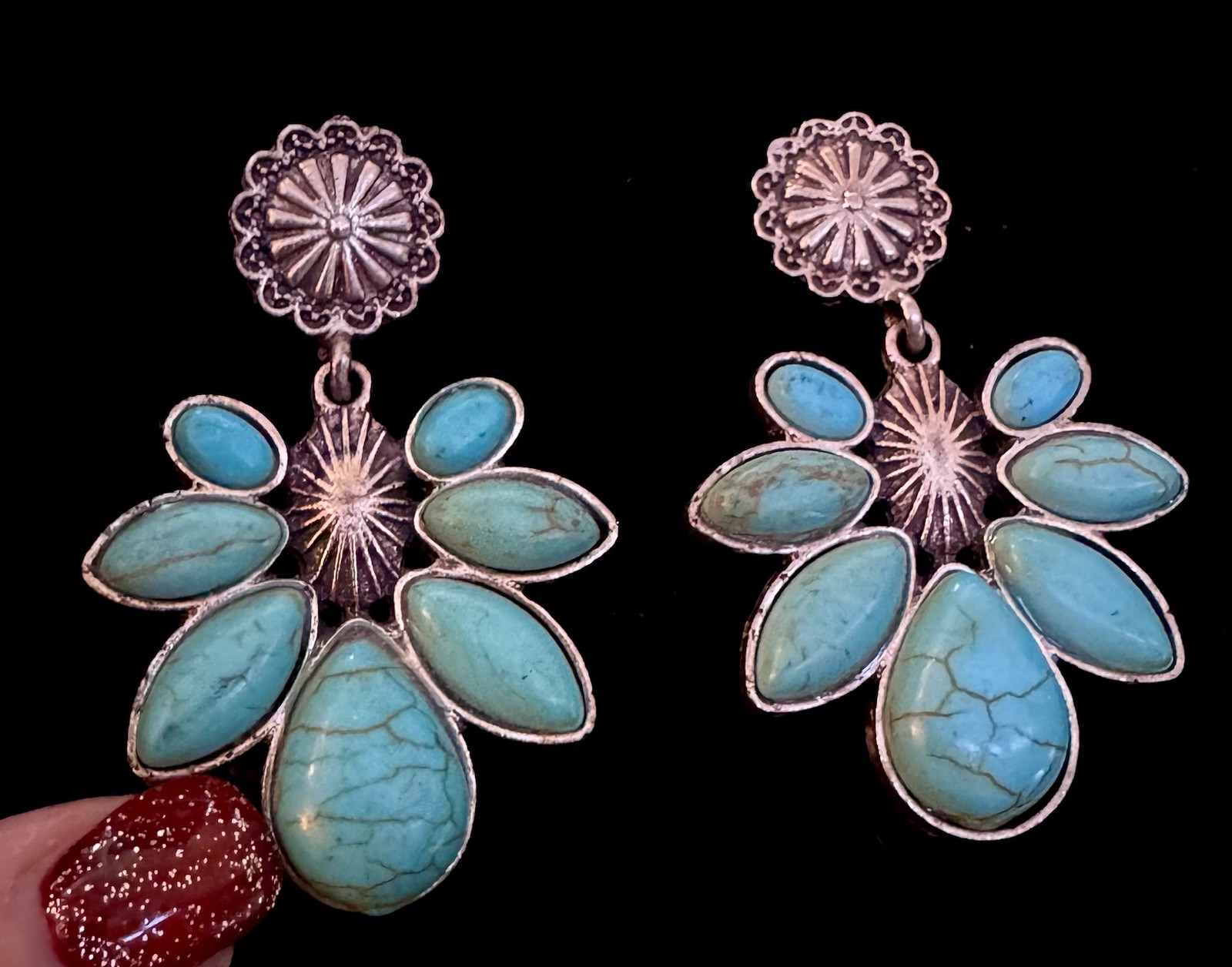 Boho Turquoise Cluster Dangle Earrings Silver Ton… - image 1