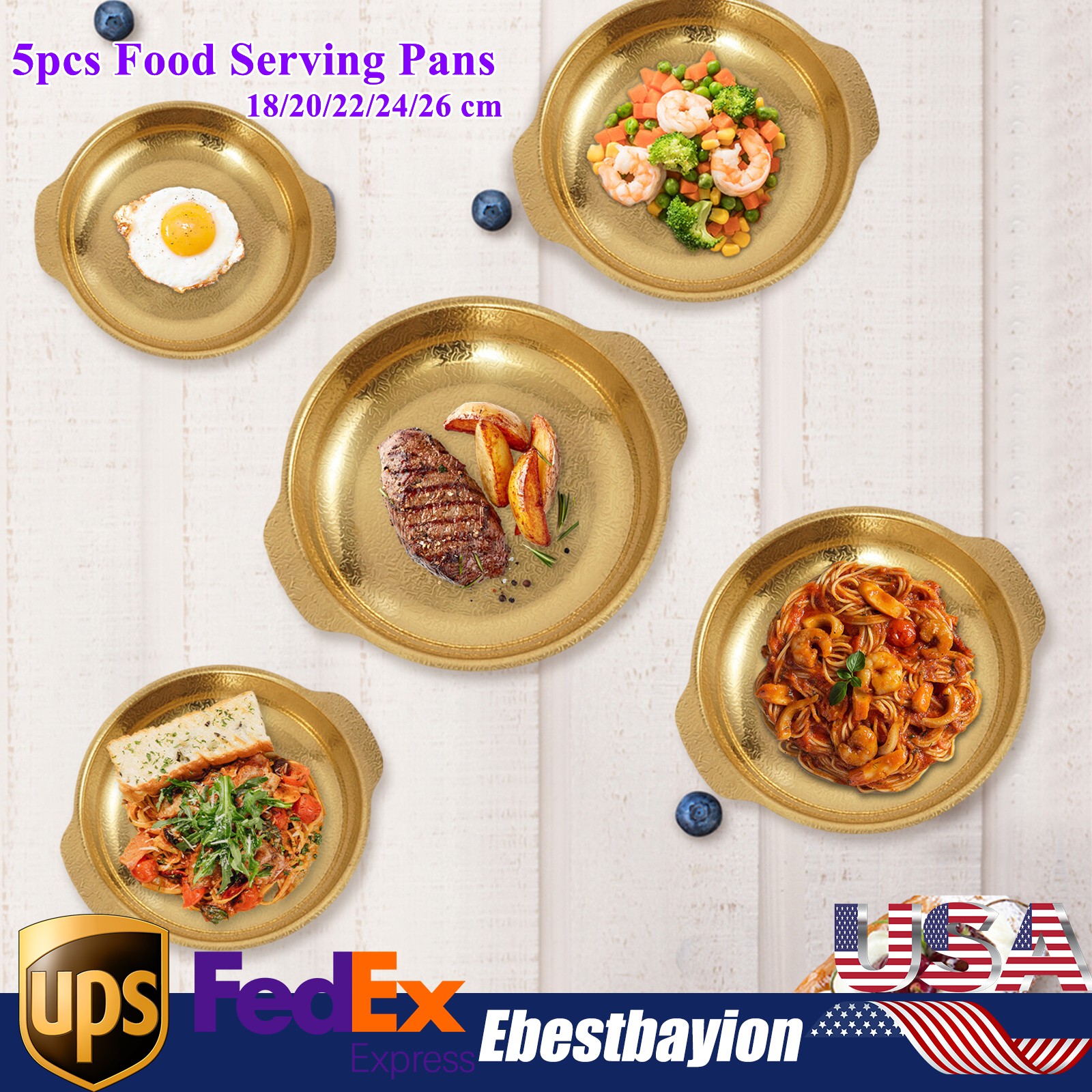 5Pcs Stainless Steel Paella Pans Set - 18 to 26 Inch Seafood Serving Pans