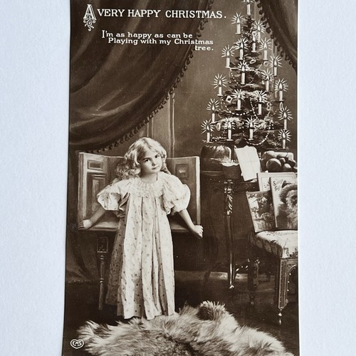 Antike schöne Weihnachts Postkarte entzückendes kleines blondes Mädchen Kerzen Baum - Bild 10 von 11
