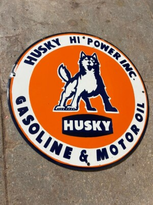 #ad PORCELAIN HUSKY GASOLINE MOTOR OIL ENAMEL SIGN 36 INCHES DOUBLE SIDED $519.99