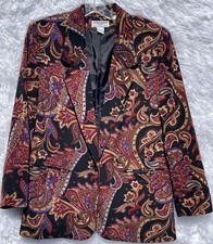 Alfred Dunner Petite Size 8 Long Sleeve Black Blazer Paisley Print Shoulder Pad