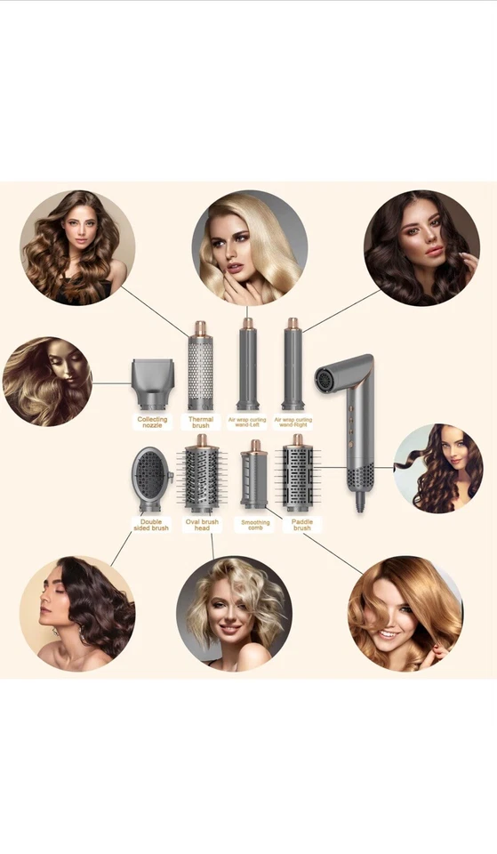 8 in 1 Hair Dryer Brush Set Air Hair Styler Curling Negative Ionic Foldable Hot - Image 2 of 4