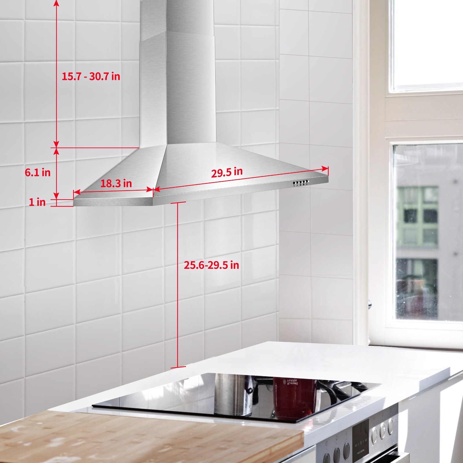 30in Wall Mount Range Hood 450CFM Cook Vent 3-Speed Touch / Button Control LED