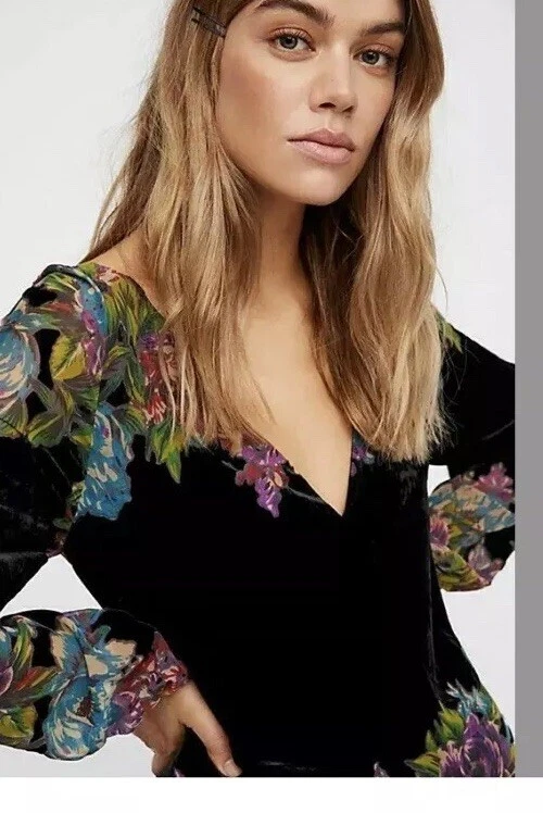157. FREE PEOPLE Misha Burnout Black Floral Velvet Mini Dress XS Euc