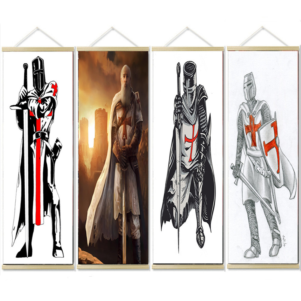 4 PCS Crusader Warrior Scroll Poster Knights Templar Wall Art Hanging Painting