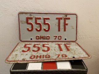 1970 Ohio License Plates Matching Pair 555 TF Vintage Red White Original Tags