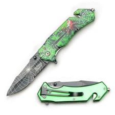 8" DARK FANTASY BLADES SPIDER WEB GRAPHIC SPRING ASSISTED FOLDING KNIFE GREEN