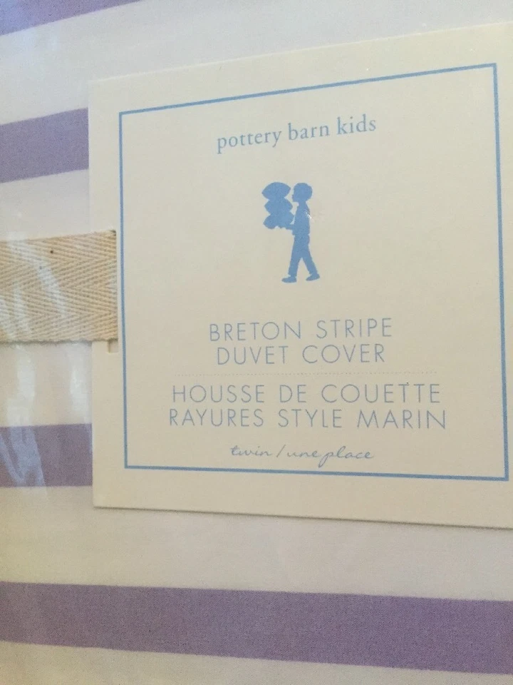 2 piezas Nuevo con etiquetas Edredón Pottery Barn Kids Bretón Rayas DOBLE y Simula Púrpura Lavanda/Blanco Foto 3 de 4