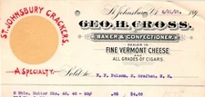1897 GEO H CROSS BAKER CONFECTIONER VT CHEESE CIGARS ST JOHNSBURY CRACKERS   Z38