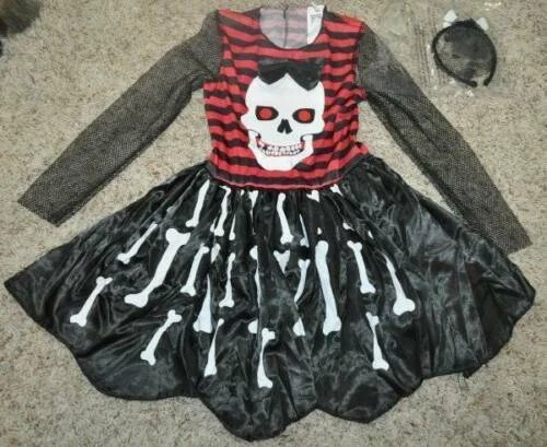 Disfraz de Halloween Esqueleto 4/6 Punk Negro Rojo Vestido y Diadema 2 Piezas Niñas Foto 3 de 4
