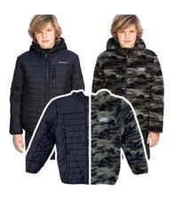 Eddie Bauer Boys Reversible Hooded Black Puffer Jacket Green Camo Fleece L 14 16