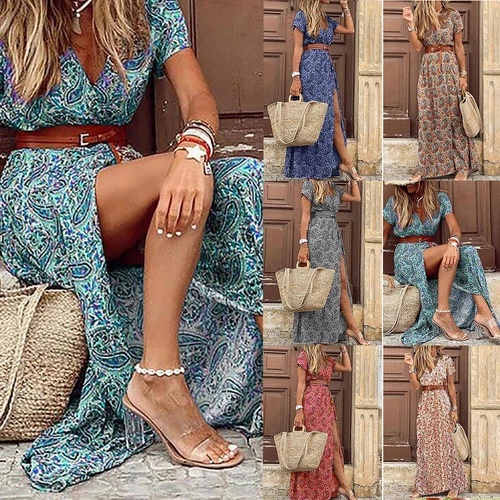 ⭐Mujeres Boho Floral Cuello en V Maxi Vestido Damas Verano Informal Vacaciones Solero Talla - Imagen 3 de 30