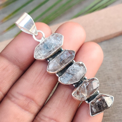 Natural Raw Herkimer Diamond Gemstone Pendent 925 Sterling Silver Beautiful Item