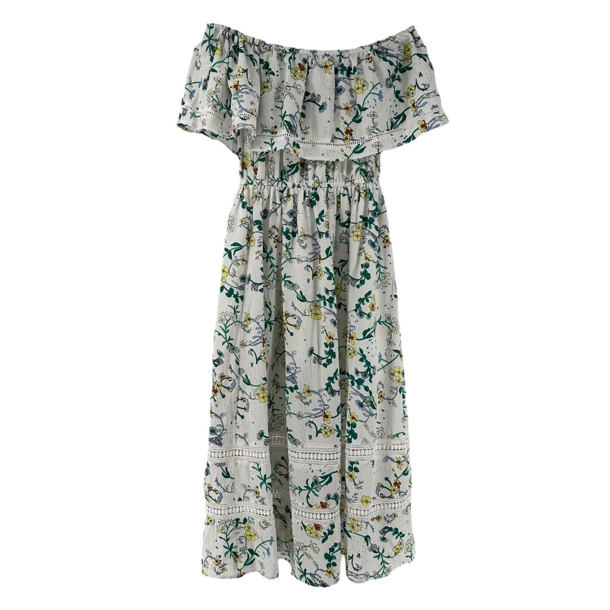 Off The Shoulder Midi Dress Ruffle White Green Floral Size 4 Pretty Little  Thing | eBay