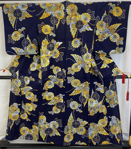 Japanese Vintage Kimono Yukata Cotton Navy No Lining Traditional Length 59in