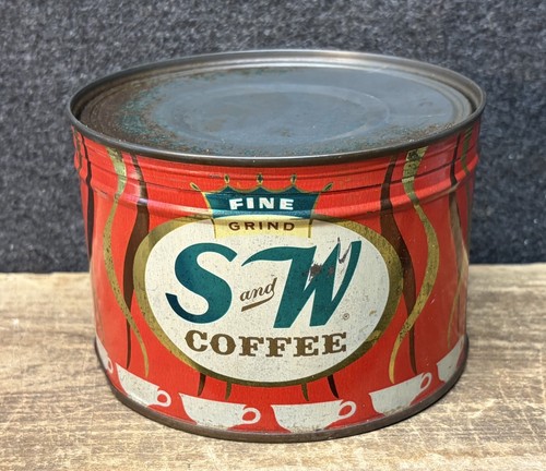 Vtg S & W Fine Grind Coffee 1 Lbs FULL Key Wind Coffee Can S&W San Francisco CA