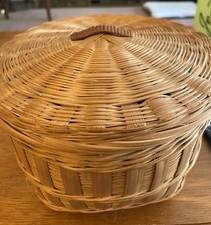 Vintage 1970s Hand Woven Wicker Basket With Lid