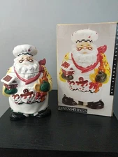 Vintage Linens N Things Hand Painted Ceramic Biscuit Cookie Jar Santa Claus Chef