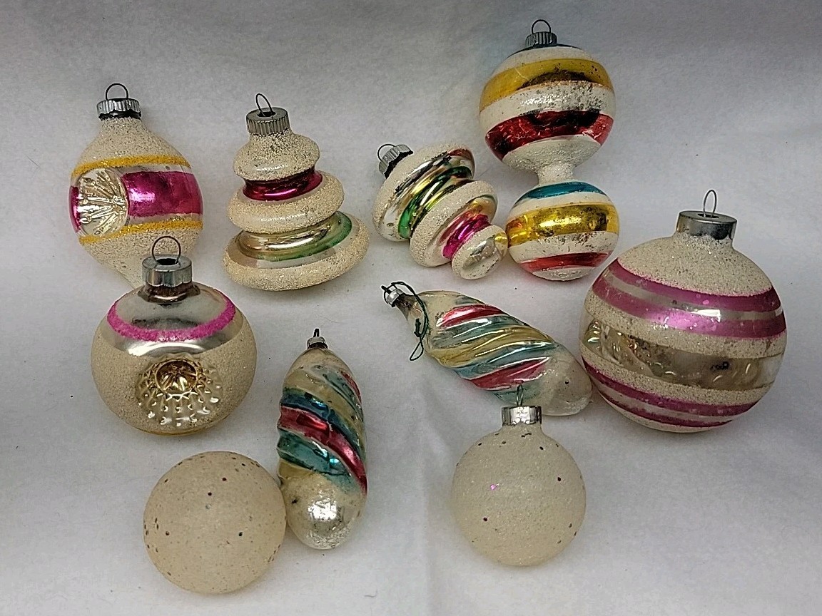 10 Vintage Mercury Glass Ornaments Mica UFO Tree Indents Germany Shiny Brite Etc