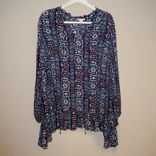 Style & Co Womens Top 2X Blue Floral Ruffle Hem Tunic Boho Hippie Peasant Blouse