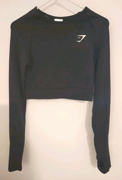 Gymshark Top Long Sleeve Cropped Small  Vital Black Marl thumbholes Gym Run Yoga