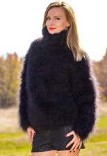 SUPERTANYA Black fuzzy sweater soft mohair top thick fluffy jumper size S-M