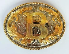 INITIAL " B "  RODEO COWBOY LETTER SHINE GOLD SILVER WESTERN BELT BUCKLE