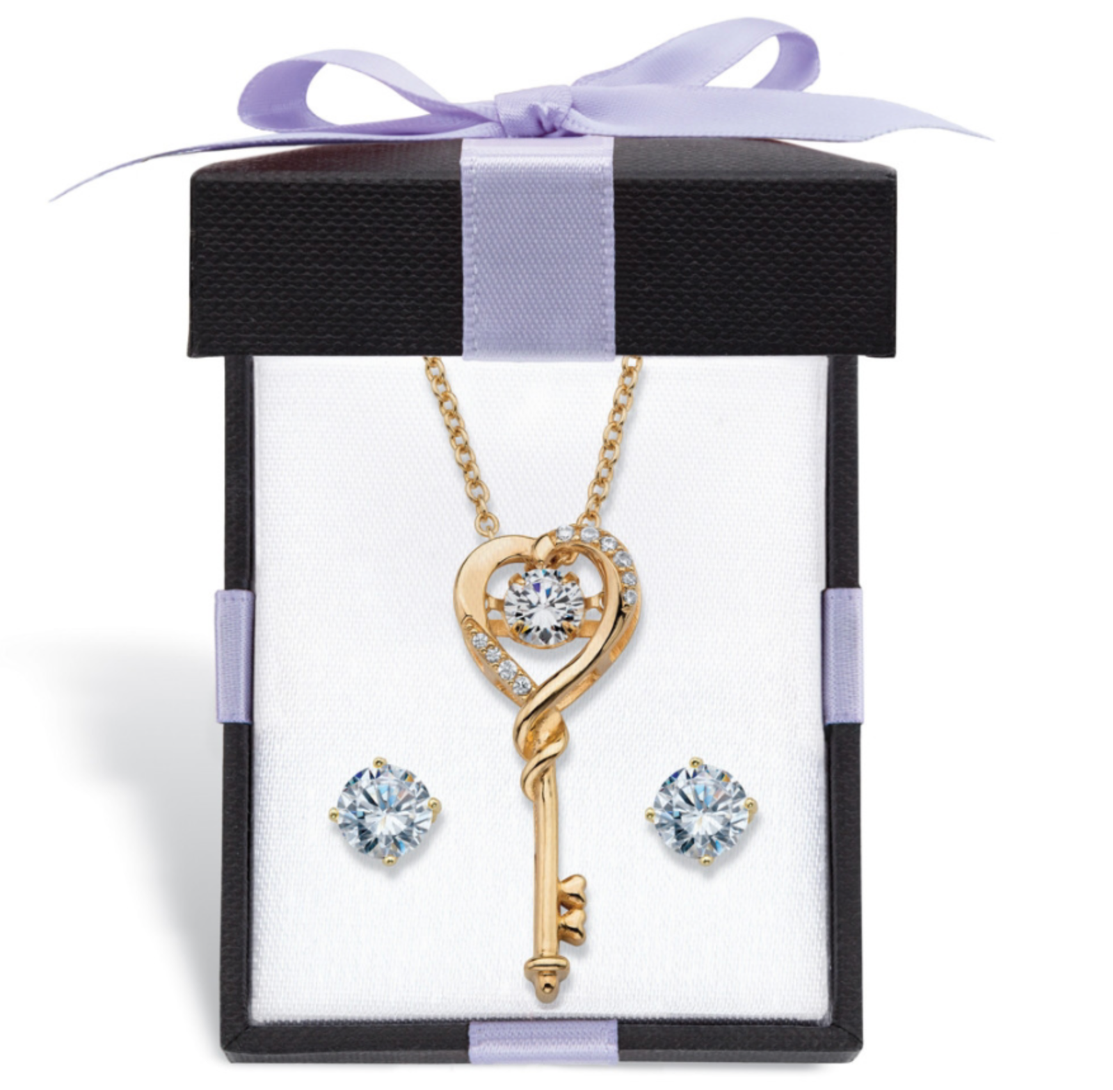 CZ Stud Earrings with Heart Key Necklace GP Set in 14K Gold and Sterling Silver-image