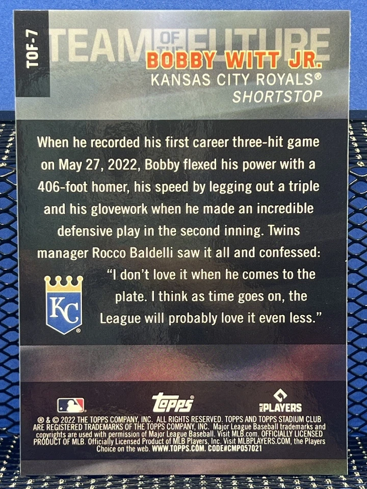 2022 Topps Stadium Club Chrome BOBBY WITT JR Royals Team Of The Future RC Rookie - Image 2 of 2