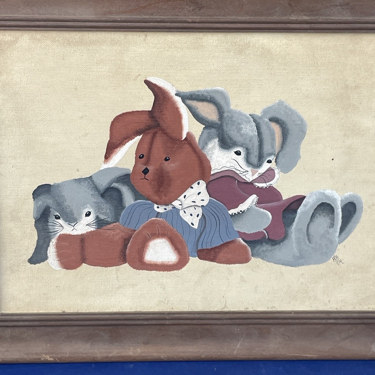 Vintage Rabbit Bunny Handpainted ORIGINAL Primitive Oil Framed Art