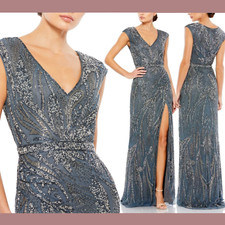 NWT 598 Mac Duggal 14 Intricate Beaded V-Neck High Slit Gown Charcoal G1340