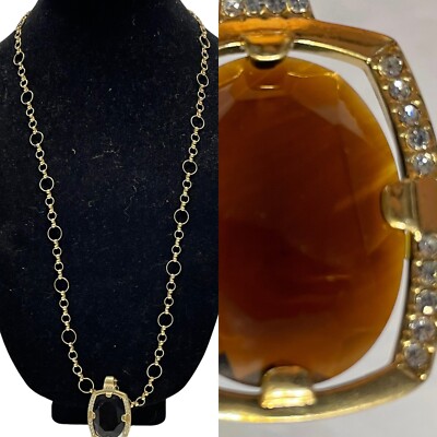brown multi faceted glass pendant gold tone chain link necklace 30  Rhinestone