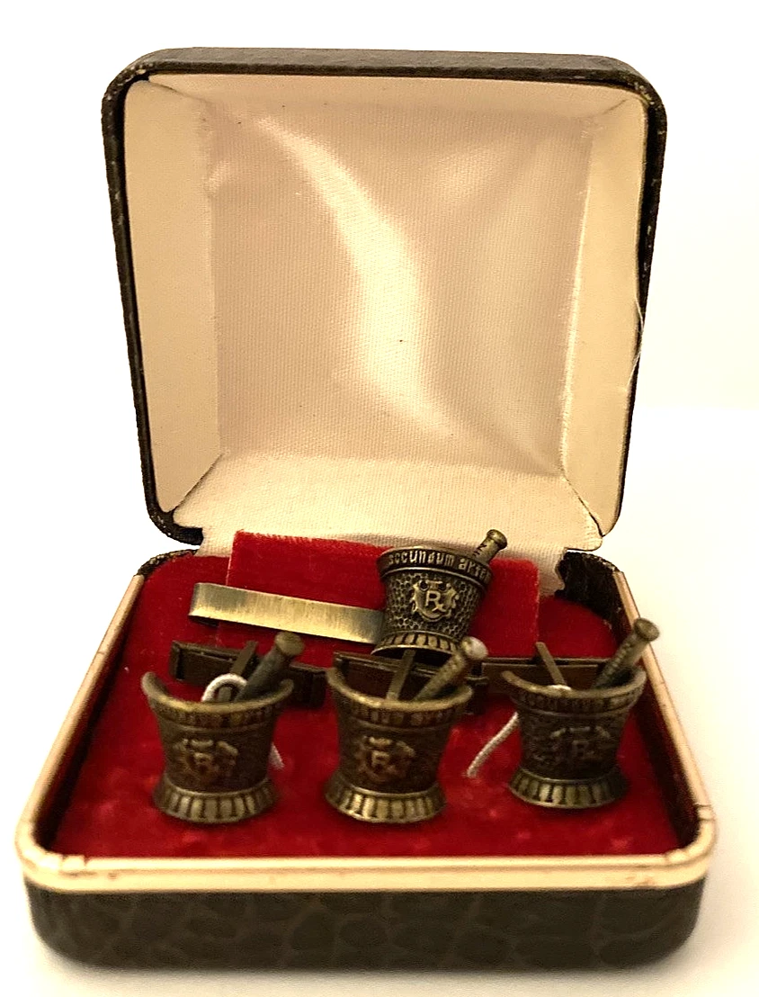 Vintage Apothecary Mortar & Pestle Cufflinks & Tiebar Set Animal Print Case