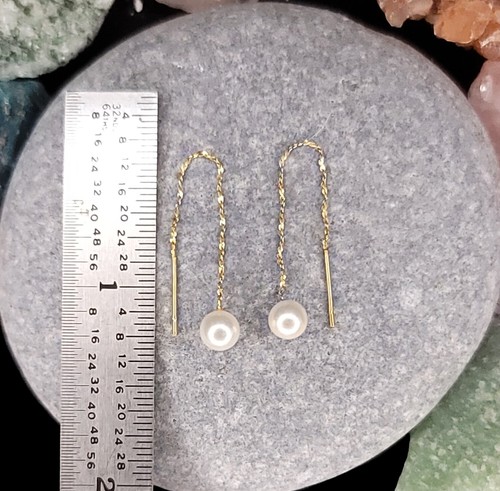 Handcrafted 14K Yellow Gold 5.15mm Natural Pearl Theader Earrings. - Picture 6 of 6