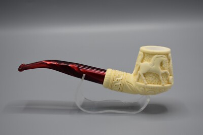 Ornate Volcano Pipe Horse Embossed By EGE block Meerschaum New W Case#1876