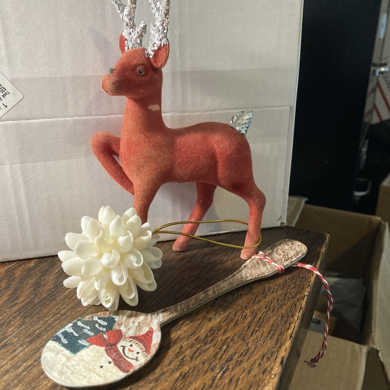 Retro Christmas Decorations-Flocked Deer, Shell Ball & Painted Santa Spoon