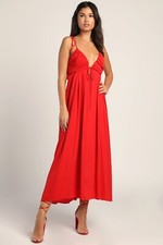 NEW Lulus Confidence Check Red Satin Tie-Back Maxi Dress Size Small