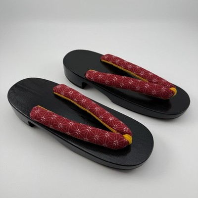 Japanese Traditional Wooden Geta Sandals Red with Yellow Straps.
