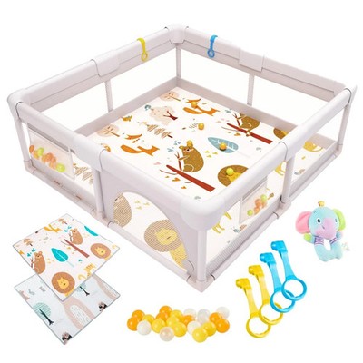 Baby Laufstall 150x150cm, Gepolsterter Spielbereich mit Wendbarer Matte, Sens...