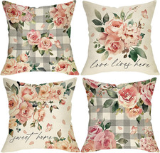 Spring Summer Rose Flower Decorative Throw Pillow Covers 18 X 18 Set of 4, Pink