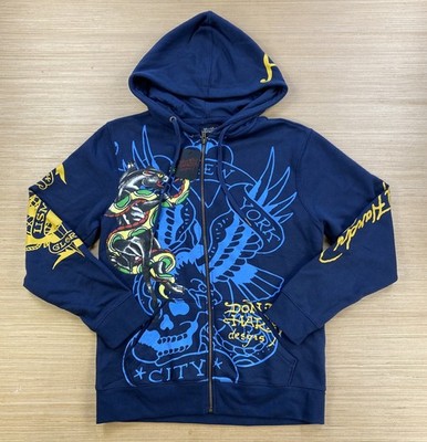 Ed Hardy Sweater Mens M Navy Blue Hoodie Sweatshirt King Bull Dog Panther Snake