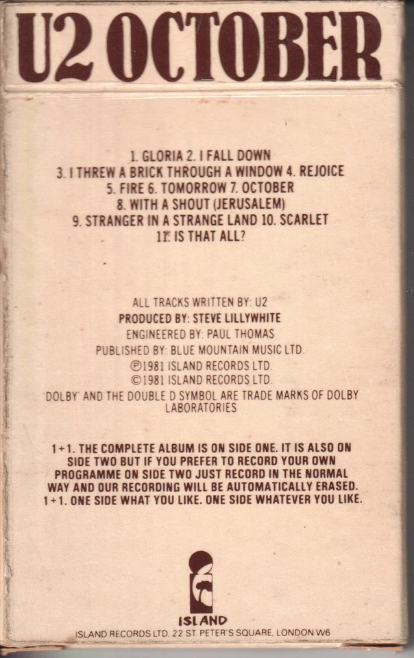 U2 October cassette UK Island cassette in cigarette pack style card sleeve 1+1 - Image 2 of 4