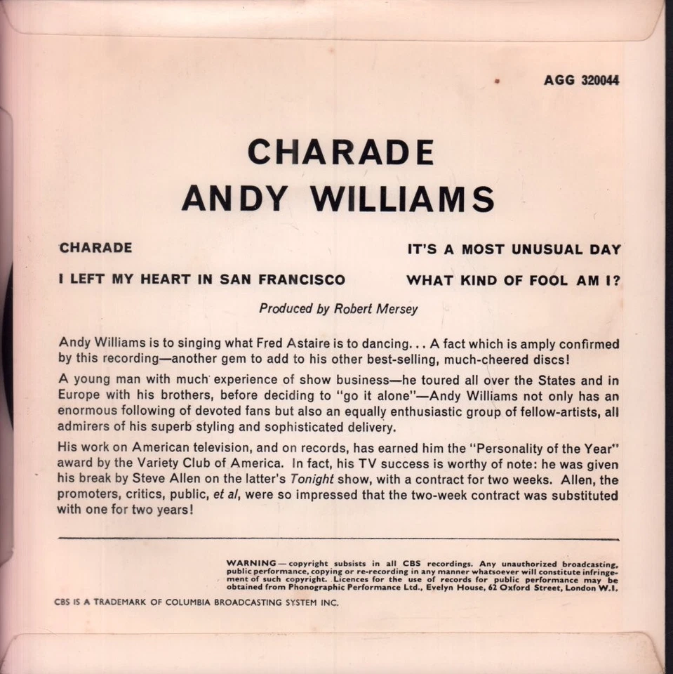 Andy Williams Charade 7" vinyl UK Cbs 1964 ep 4 prong label design in pic sleeve - Image 2 of 3