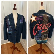 VTG 80s/90s DECO Sport Hand-Painted Chicago Denim Blazer Sz 6/M Made in USA
