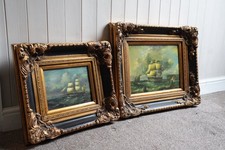 Pair Signed Marine Oil Paintings Fanden Sailing Ships Gilt Frames