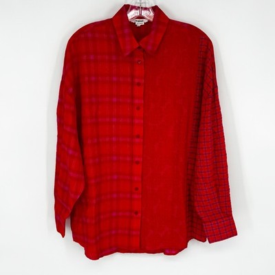 Desigual S Small Oversized Plaid Pink Orange Button Up Top Blouse