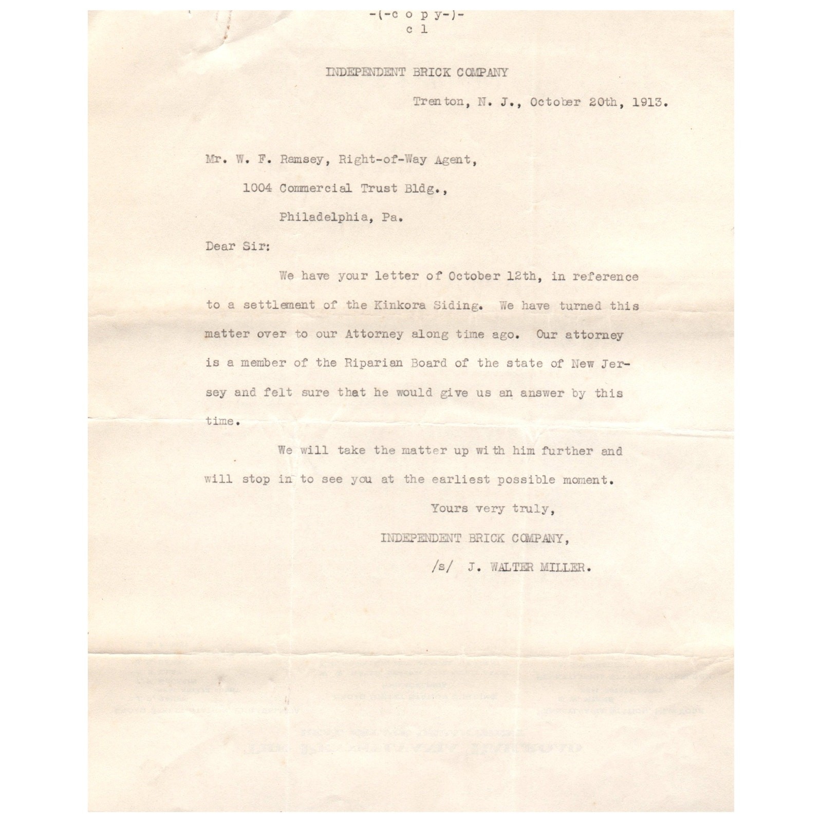 1913 Independent Brick Company Memo Walter Miller Trenton NJ AD8
