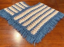 Crochet shawl poncho fringe blue taupe cream big girl Young Teen boho
