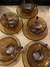 Acropol France Retro Coffee Cups And Saucers X5 Amber Glass Stylish